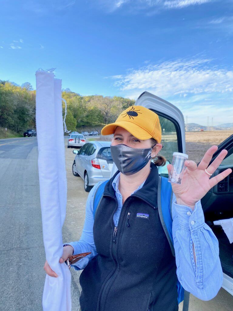 Dr Megan Saunders from CA Department of Public Health shows a vial of ticks she collected at China Camp State Park by Harriot Manley